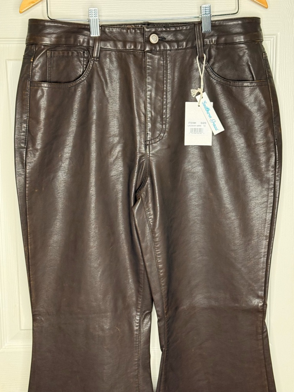 Southern Grace Brown Faux Leather Flare Pants High Rise Wide Leg NWT 12 - Picture 5 of 9